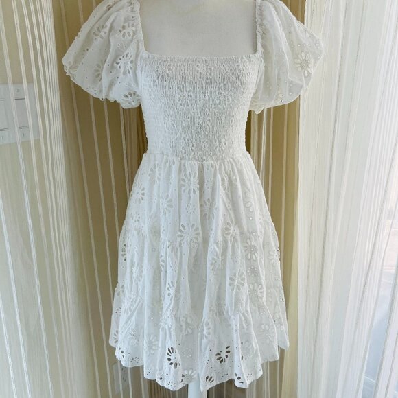 Women White Embroidery Hollow Out Hole Flower Short Puff Sleeve Mini Dress - Picture 8 of 16